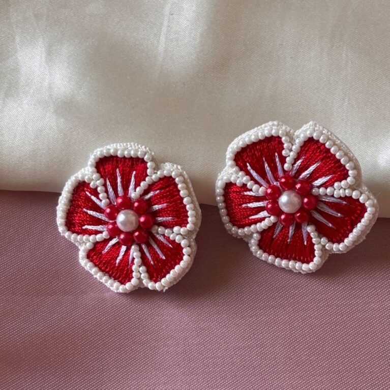 Floral Beaded Earrings – Red & White Embroidered Statement Studs